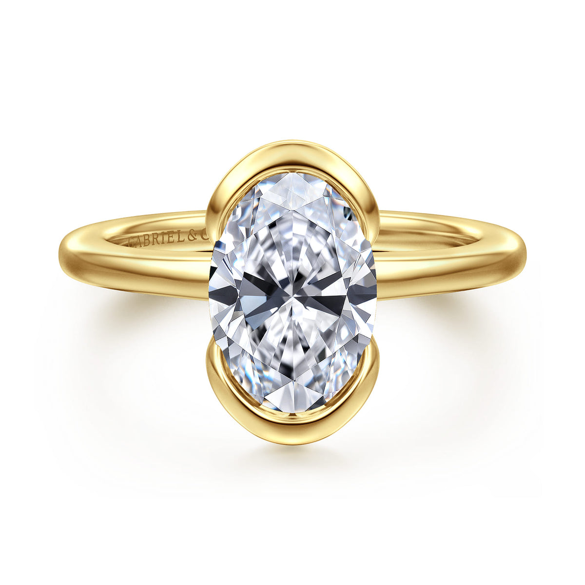 14K Yellow Gold Half Bezel Oval Solitaire Diamond Engagement Ring — Gabriel & Co. ER16974O8Y4JJJ; center stone shown for illustration, not included