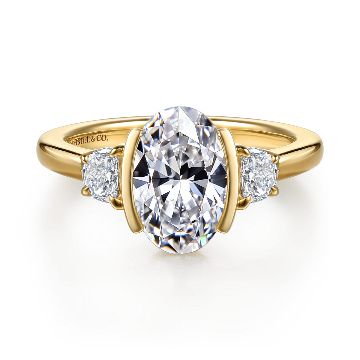14K Yellow Gold Half Bezel Oval Three Stone Diamond Engagement Ring — Gabriel & Co. ER16983O8Y43JJ; center stone shown for illustration, not included