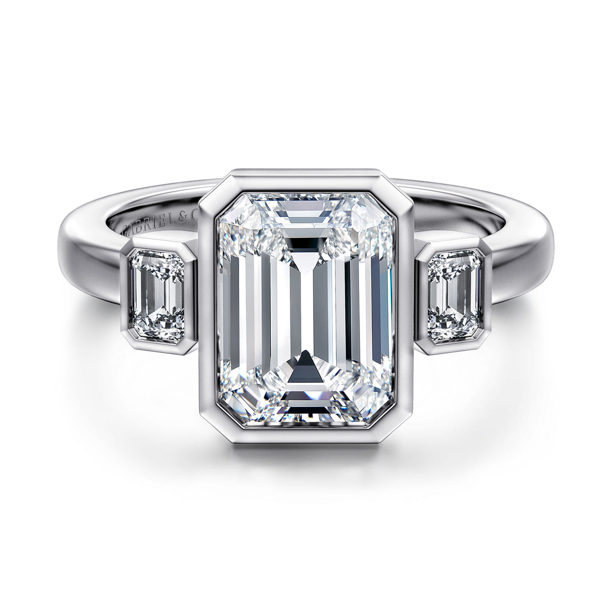 14K White Gold Emerald Cut Three Stone Diamond Engagement Ring — Gabriel & Co. ER16995E12W43JJ; center stone shown for illustration, not included