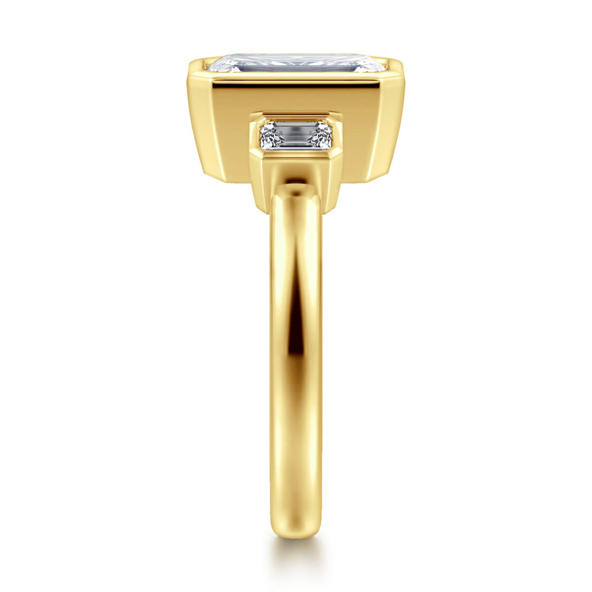 14K Yellow Gold Emerald Cut Three Stone Bezel Diamond Engagement Ring — Gabriel & Co. ER16995E12Y43JJ; center stone shown for illustration, not included