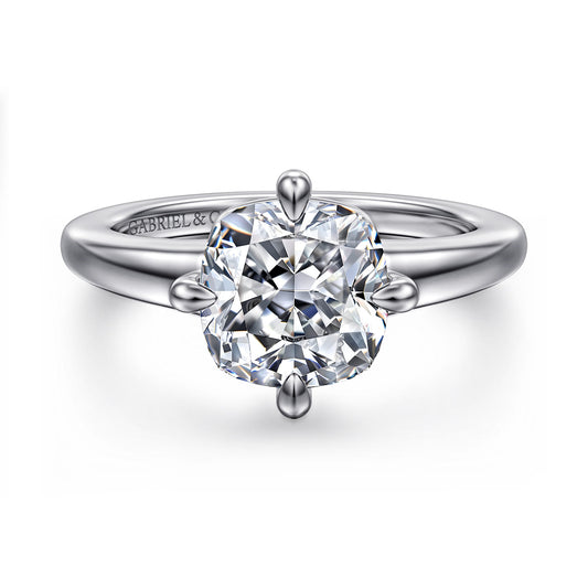 14K White Gold Cushion Cut Solitaire Diamond Engagement Ring — Gabriel & Co. ER16999C12W4JJJ; center stone shown for illustration, not included