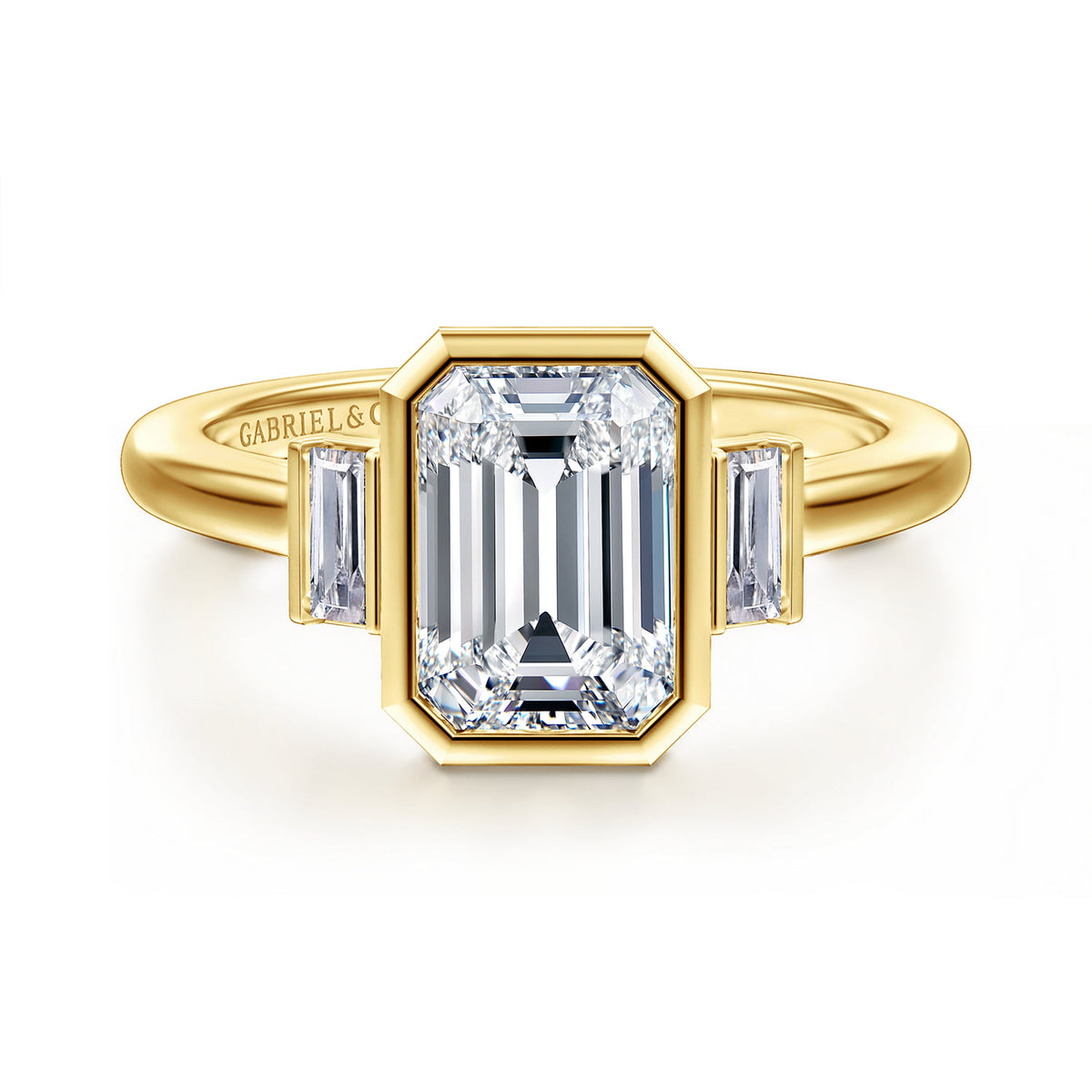 14K Yellow Gold Emerald Cut Three Stone Bezel Set Diamond Engagement Ring — Gabriel & Co. ER17016E8Y43JJ; center stone shown for illustration, not included