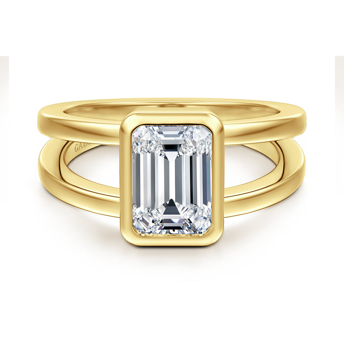 14K Yellow Gold Emerald Cut Split Shank Bezel Solitaire Diamond Engagement Ring — Gabriel & Co. ER17018E8Y4JJJ; center stone shown for illustration, not included
