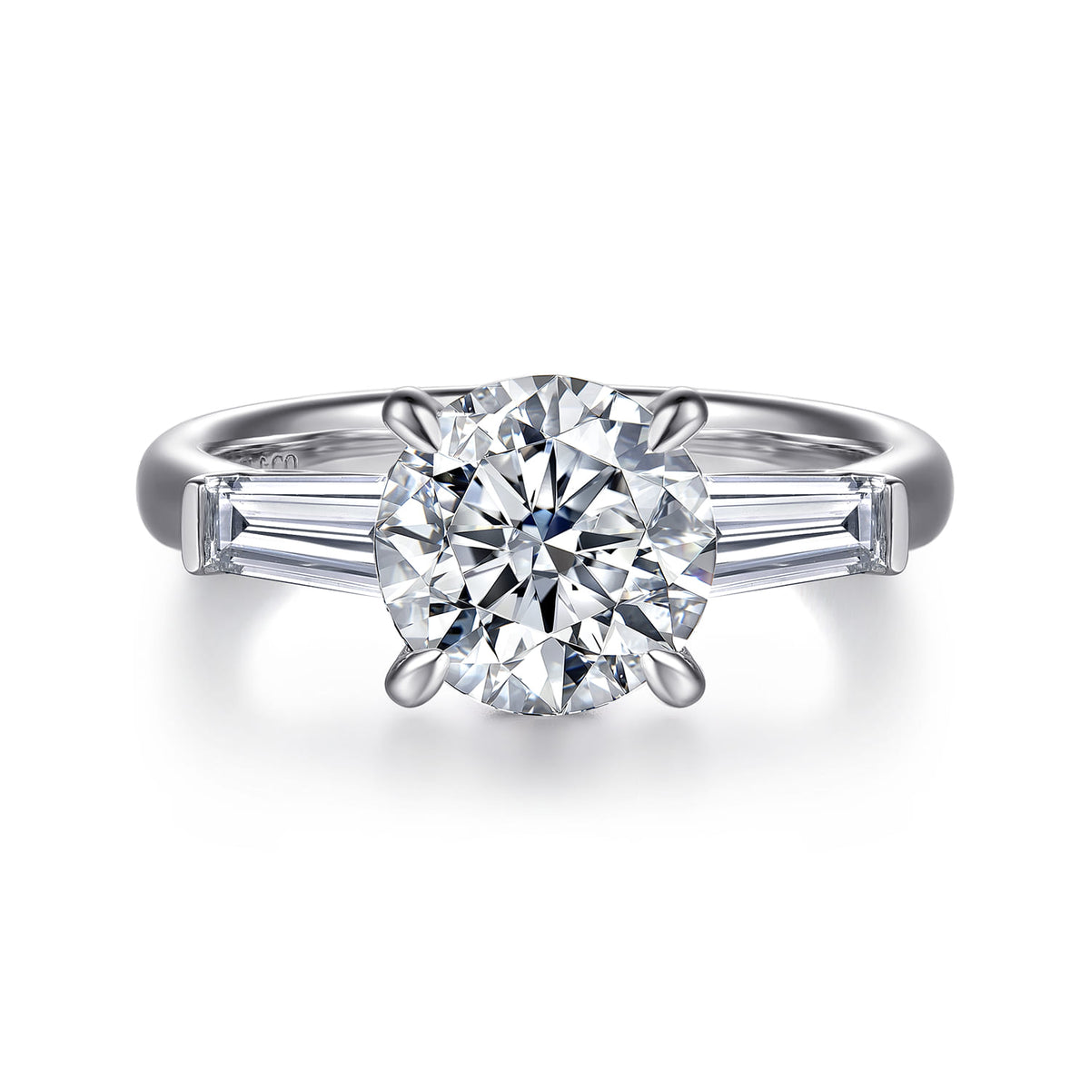 14K White Gold Round Three Stone Diamond Engagement Ring — Gabriel & Co. ER17022R8W43JJ; center stone shown for illustration, not included