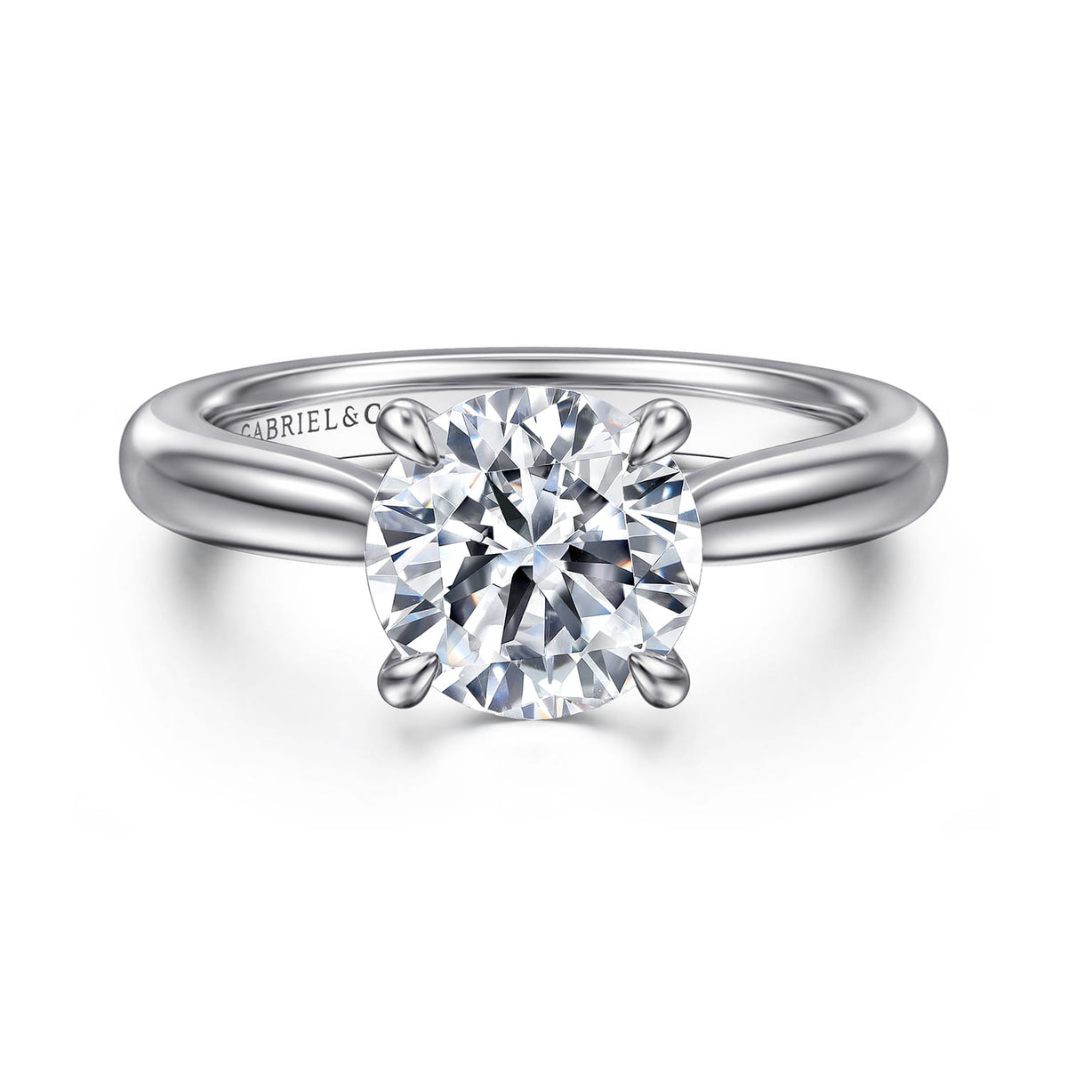 14K White Gold Round Solitaire Diamond Engagement Ring — Gabriel & Co. ER17023R8W4JJJ; center stone shown for illustration, not included