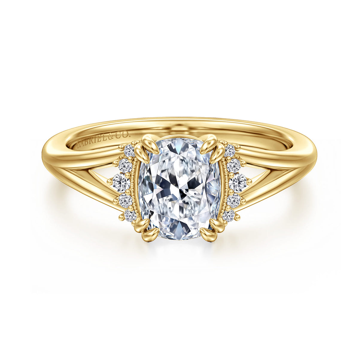 14K Yellow Gold Split Shank Elongated Cushion Diamond Engagement Ring — Gabriel & Co. ER17031G6Y44JJ; center stone shown for illustration, not included