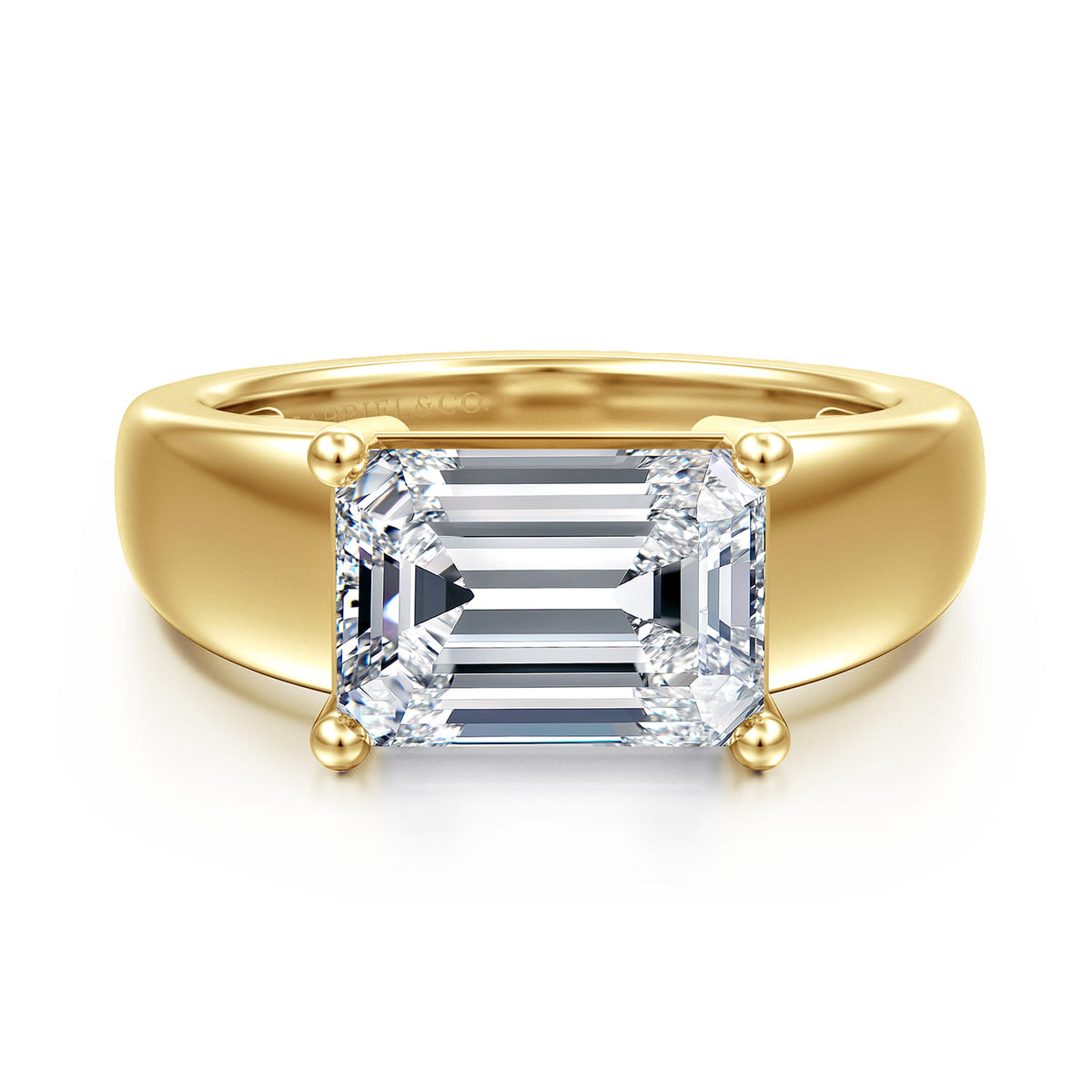14K Yellow Gold Emerald Cut East West Wide Band Solitaire Diamond Engagement Ring — Gabriel & Co. ER17094E13Y4JJJ; center stone shown for illustration, not included