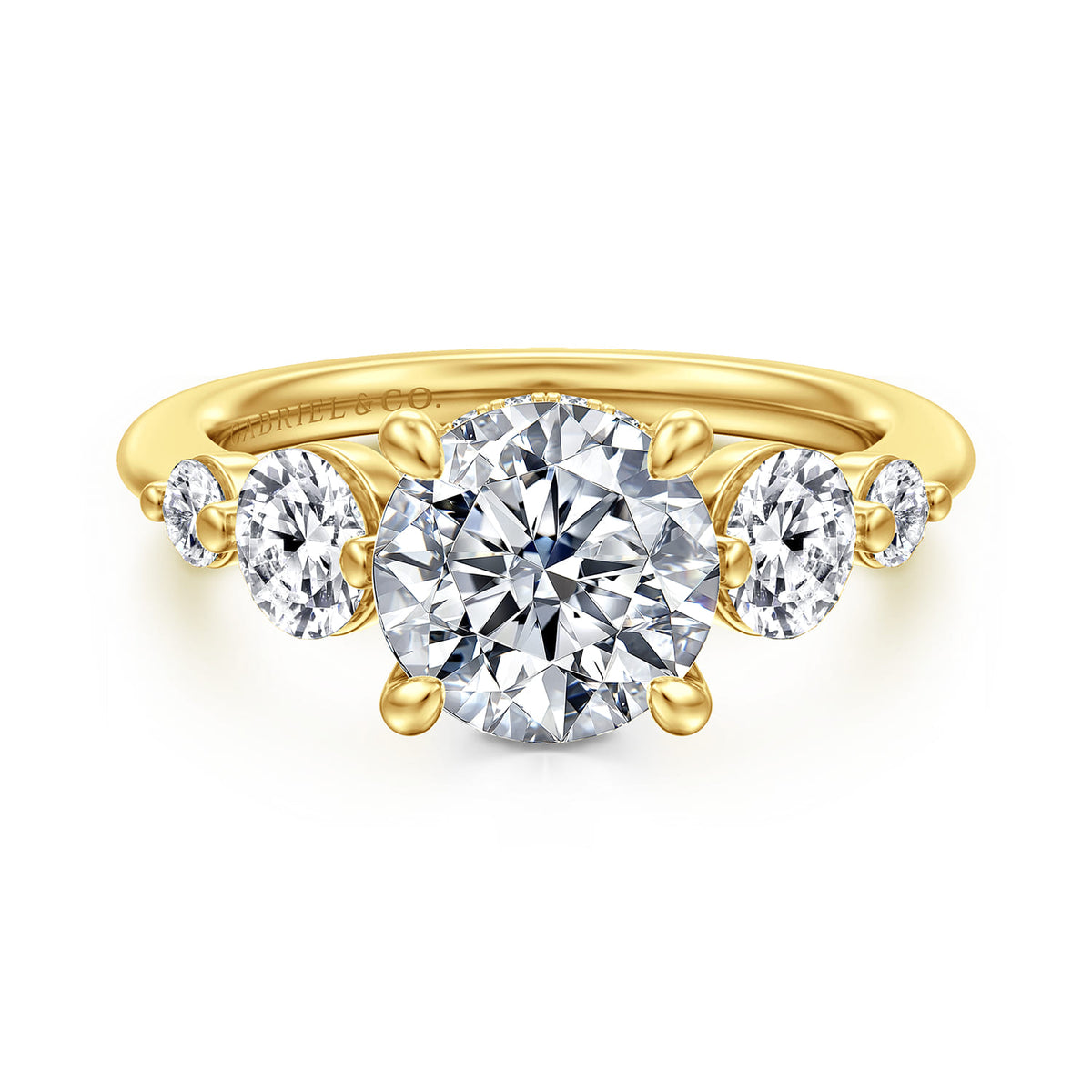 14K Yellow Gold Round Three Stone Diamond Engagement Ring — Gabriel & Co. ER17097R8Y44JJ; center stone shown for illustration, not included