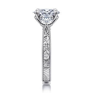 Vintage Inspired 14K White Gold Oval Three Stone Diamond Engagement Ring — Gabriel & Co. ER17142O6W44JJ; center stone shown for illustration, not included