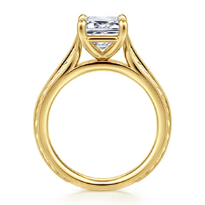 Vintage Inspired 14K Yellow Gold Emerald Cut Solitaire Diamond Engagement Ring — Gabriel & Co. ER17147E12Y4JJJ; center stone shown for illustration, not included