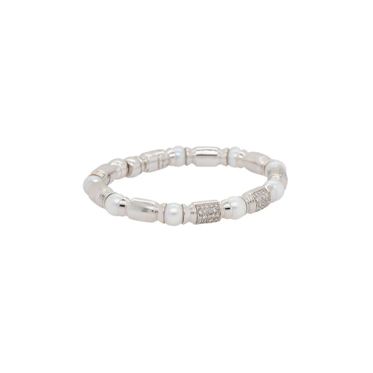 18k White Gold 0.75ctw Diamond & Pearl Open Cuff Bracelet