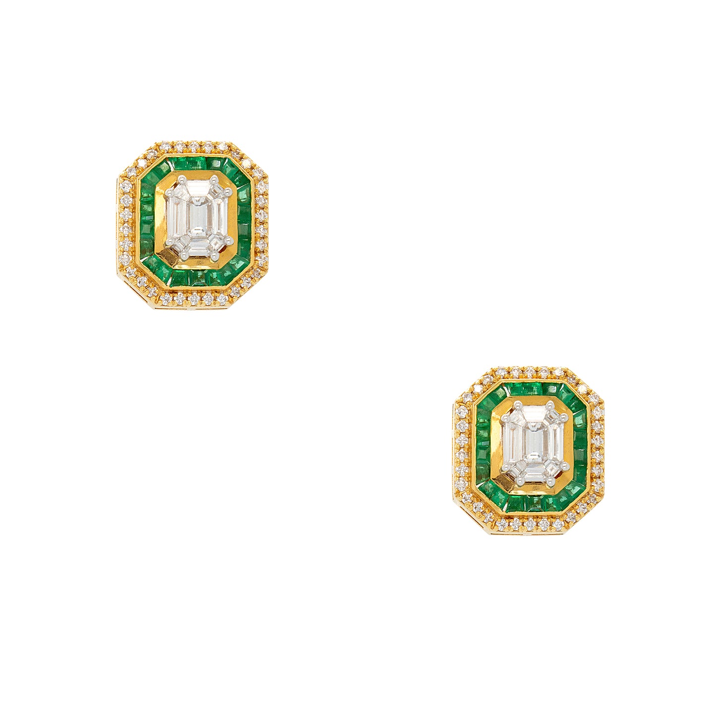 18k Yellow Gold 1.07ctw Diamond and 1.28ctw Emerald Multi Stone Octagonal Earrings