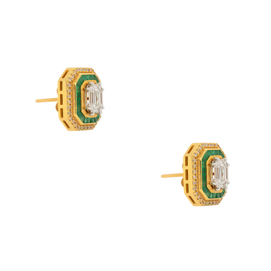 18k Yellow Gold 1.07ctw Diamond and 1.28ctw Emerald Multi Stone Octagonal Earrings