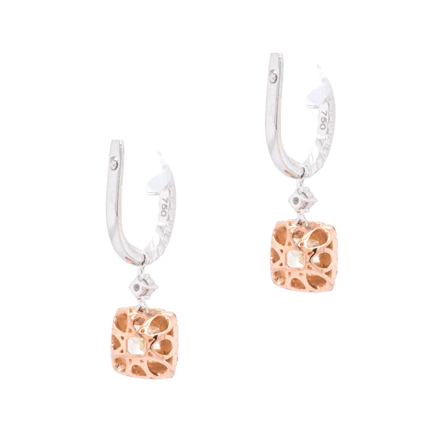 18k White and Rose Gold 3.31ctw GIA Certified Cushion Cut Diamond Dangle Earrings
