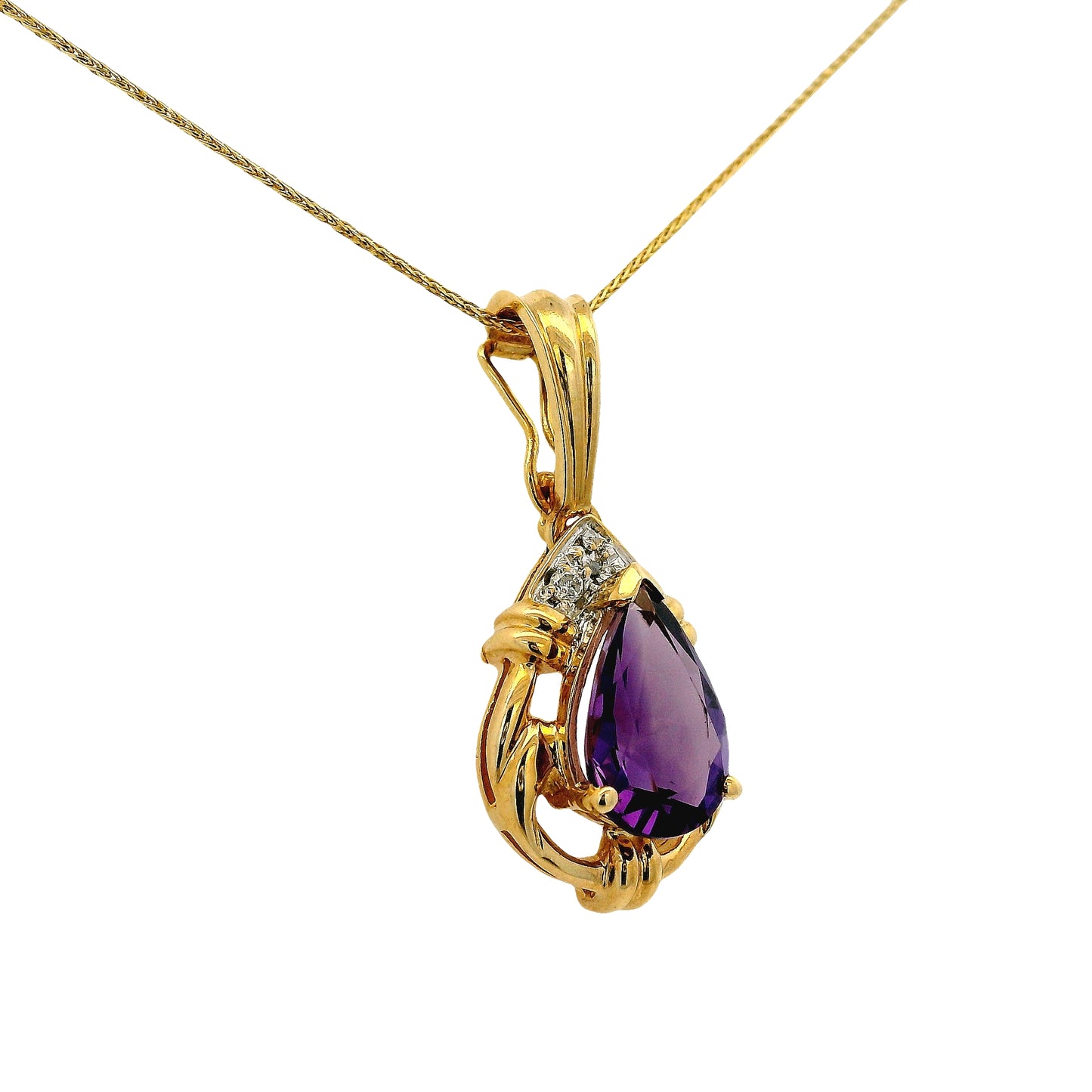 14k Yellow Gold Pear Shape Amethyst Pendant Necklace with Round Brilliant Diamonds