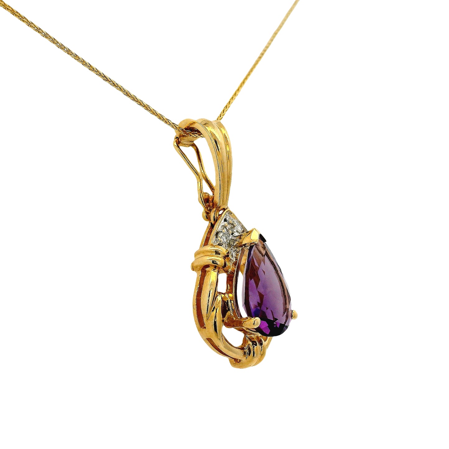14k Yellow Gold Pear Shape Amethyst Pendant Necklace with Round Brilliant Diamonds