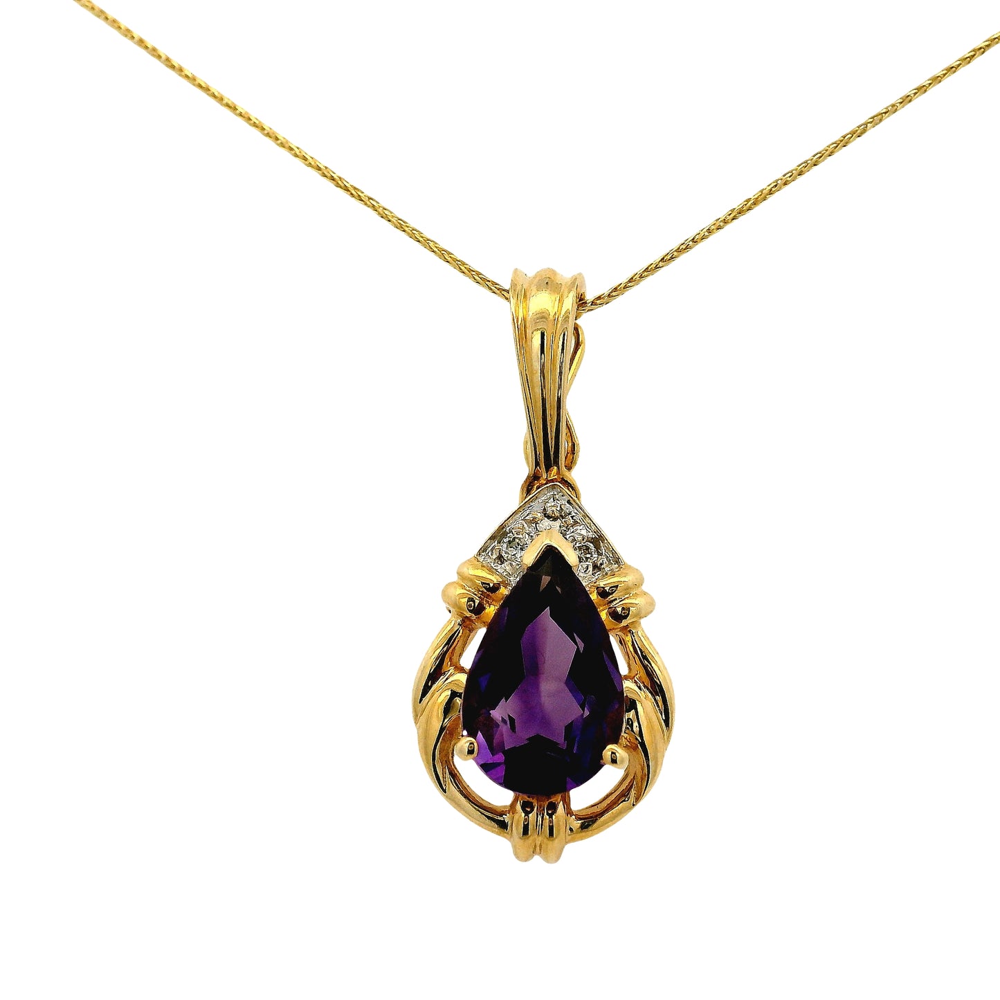 14k Yellow Gold Pear Shape Amethyst Pendant Necklace with Round Brilliant Diamonds