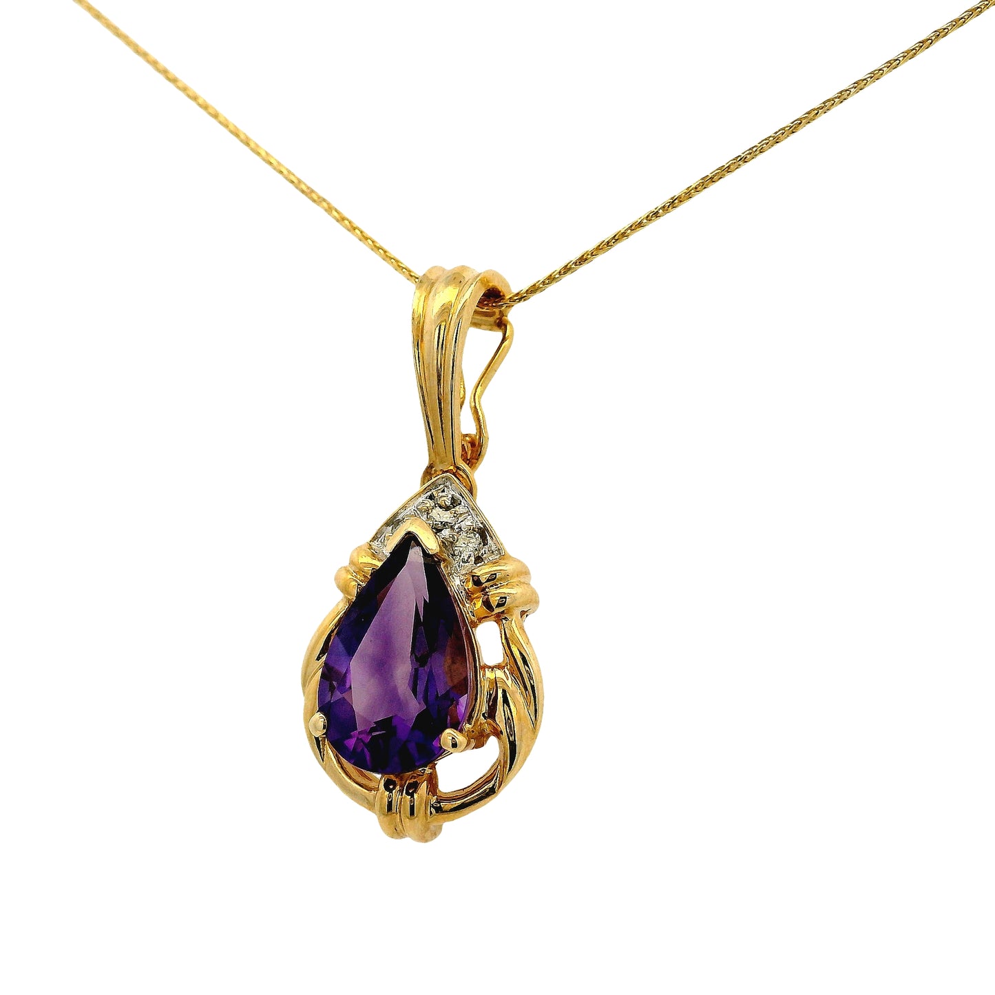 14k Yellow Gold Pear Shape Amethyst Pendant Necklace with Round Brilliant Diamonds