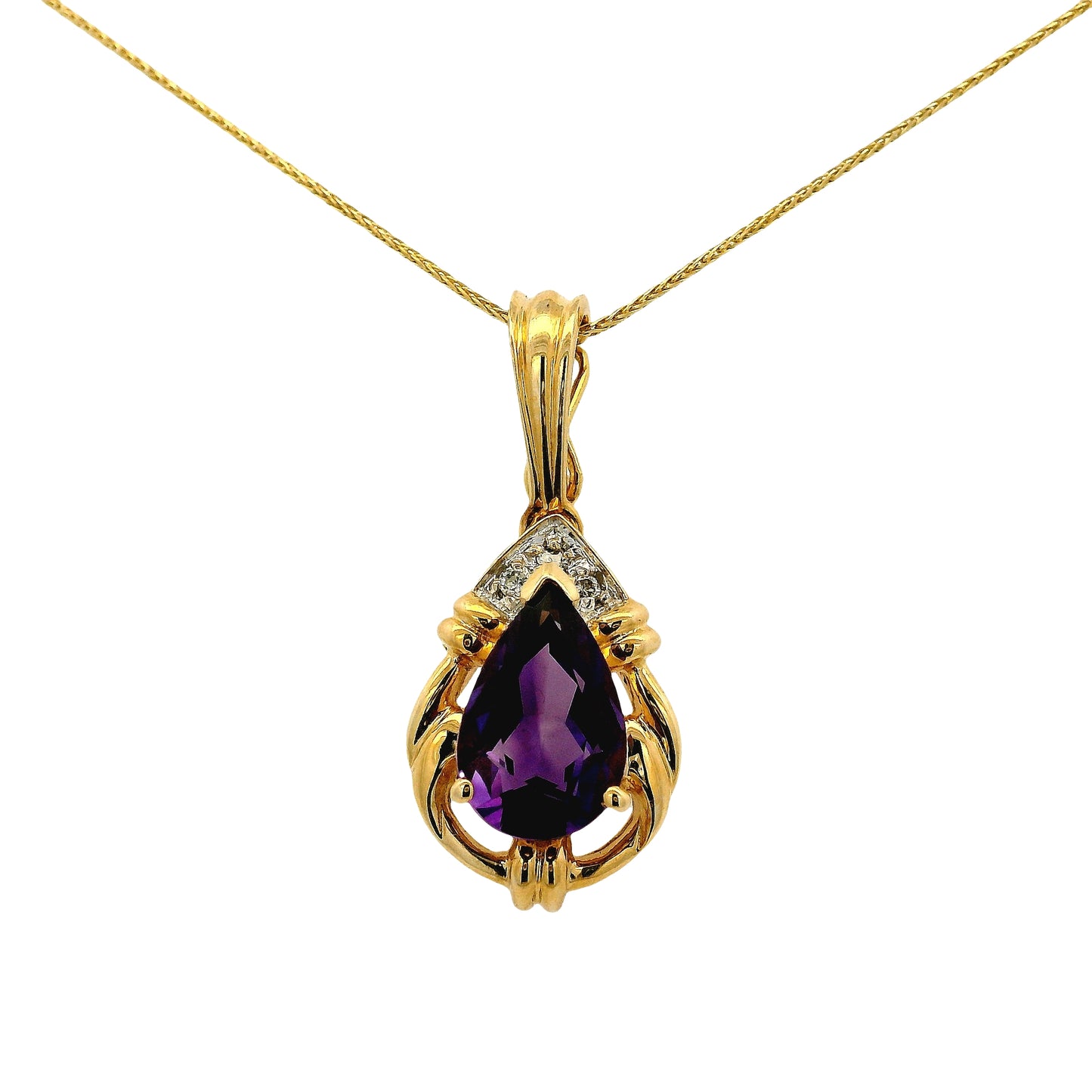14k Yellow Gold Pear Shape Amethyst Pendant Necklace with Round Brilliant Diamonds