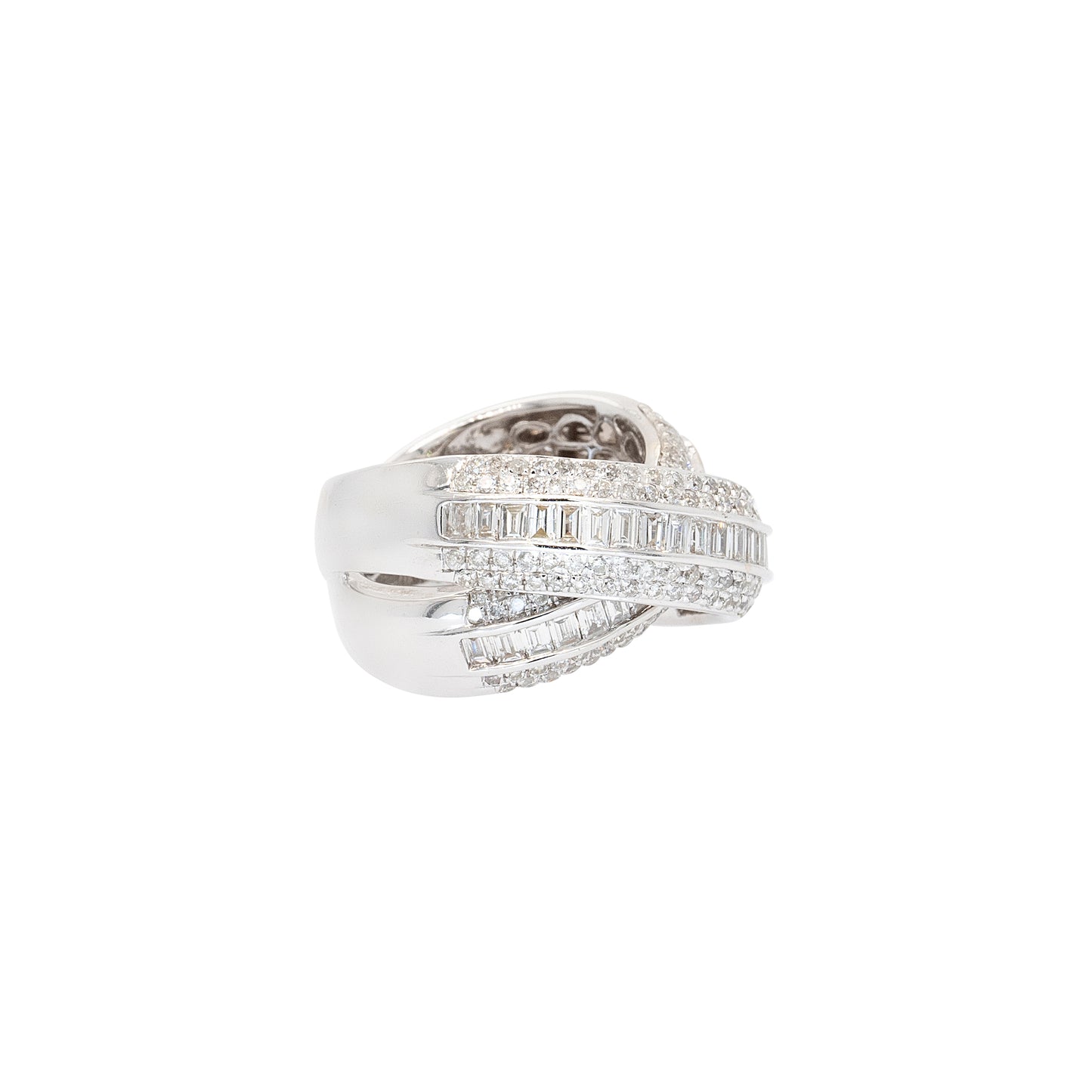 18k White Gold 2.60ctw Round Brilliant and Baguette Natural Diamond Crossover Ring