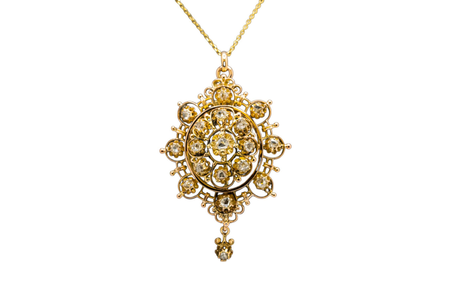 14k Yellow Gold Brooch Pendant set with Natural Rose Mixed Cut Diamonds on 14k Yellow Gold Chain