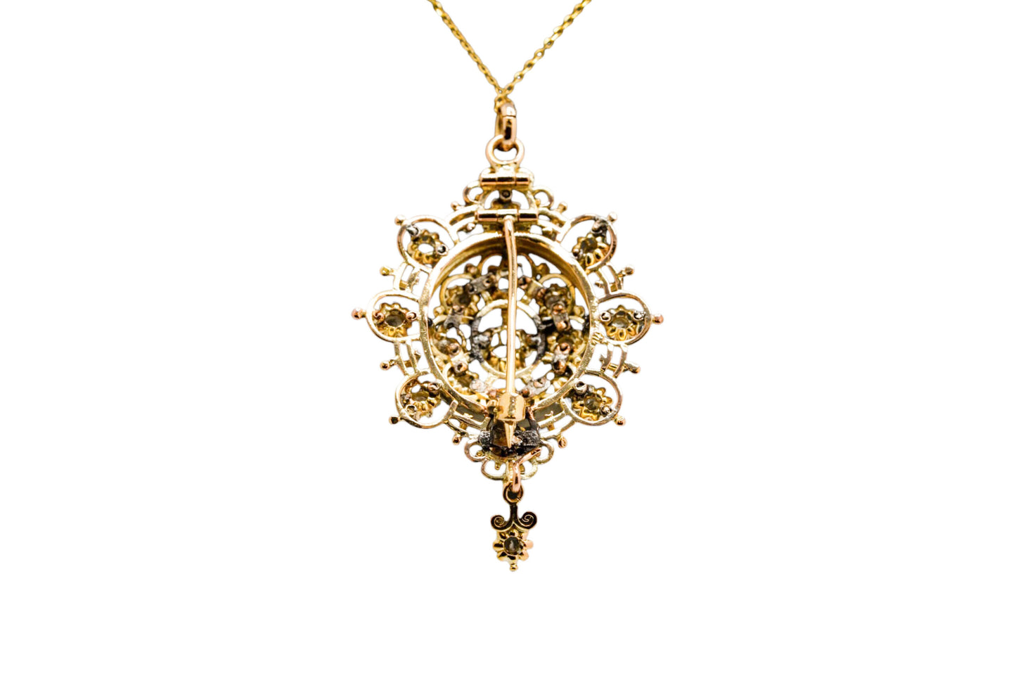 14k Yellow Gold Brooch Pendant set with Natural Rose Mixed Cut Diamonds on 14k Yellow Gold Chain