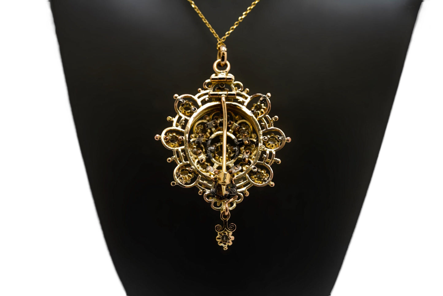 14k Yellow Gold Brooch Pendant set with Natural Rose Mixed Cut Diamonds on 14k Yellow Gold Chain