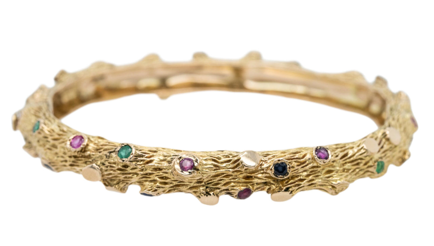14k Yellow Gold Bark Finish Bangle Set With Emeralds and Sapphires