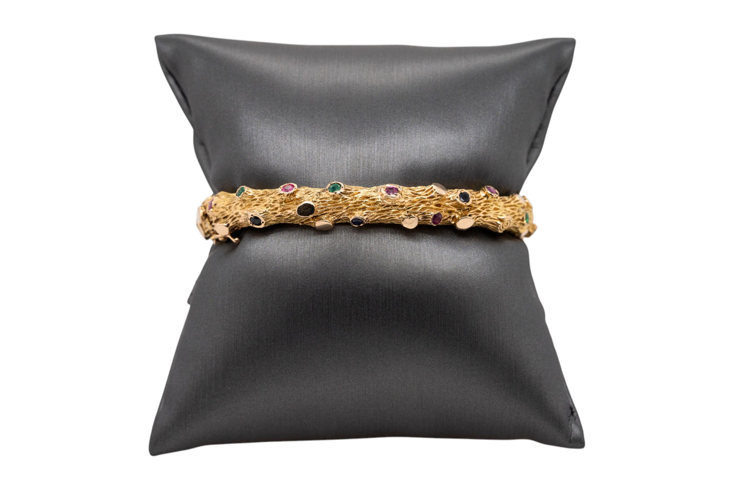 14k Yellow Gold Bark Finish Bangle Set With Emeralds and Sapphires