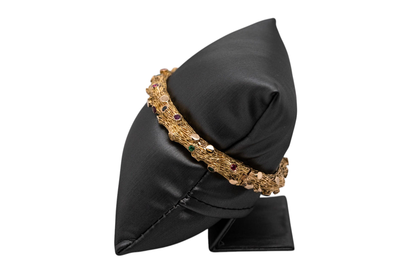 14k Yellow Gold Bark Finish Bangle Set With Emeralds and Sapphires