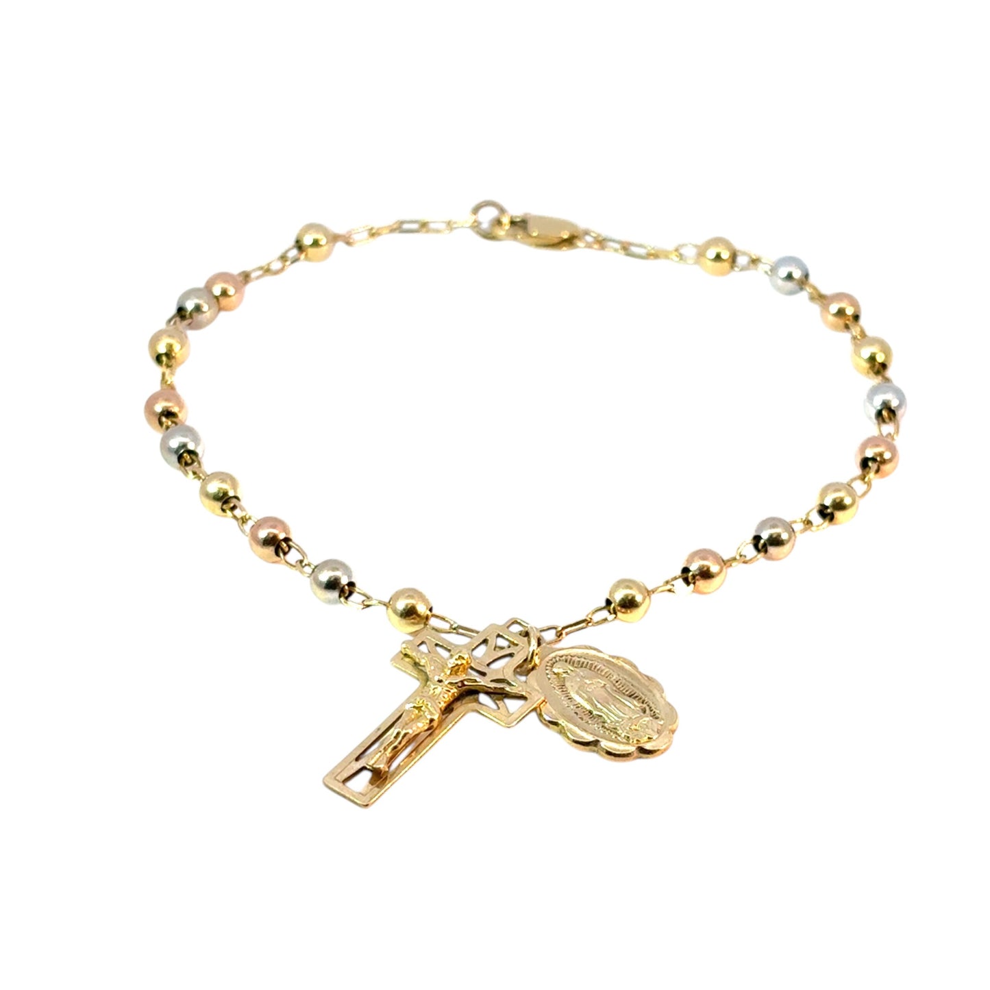 Vintage 14k Yellow Gold Rosary Bead Bracelet with Cross Jesus Pendant and Oval Mother of Mary Pendant