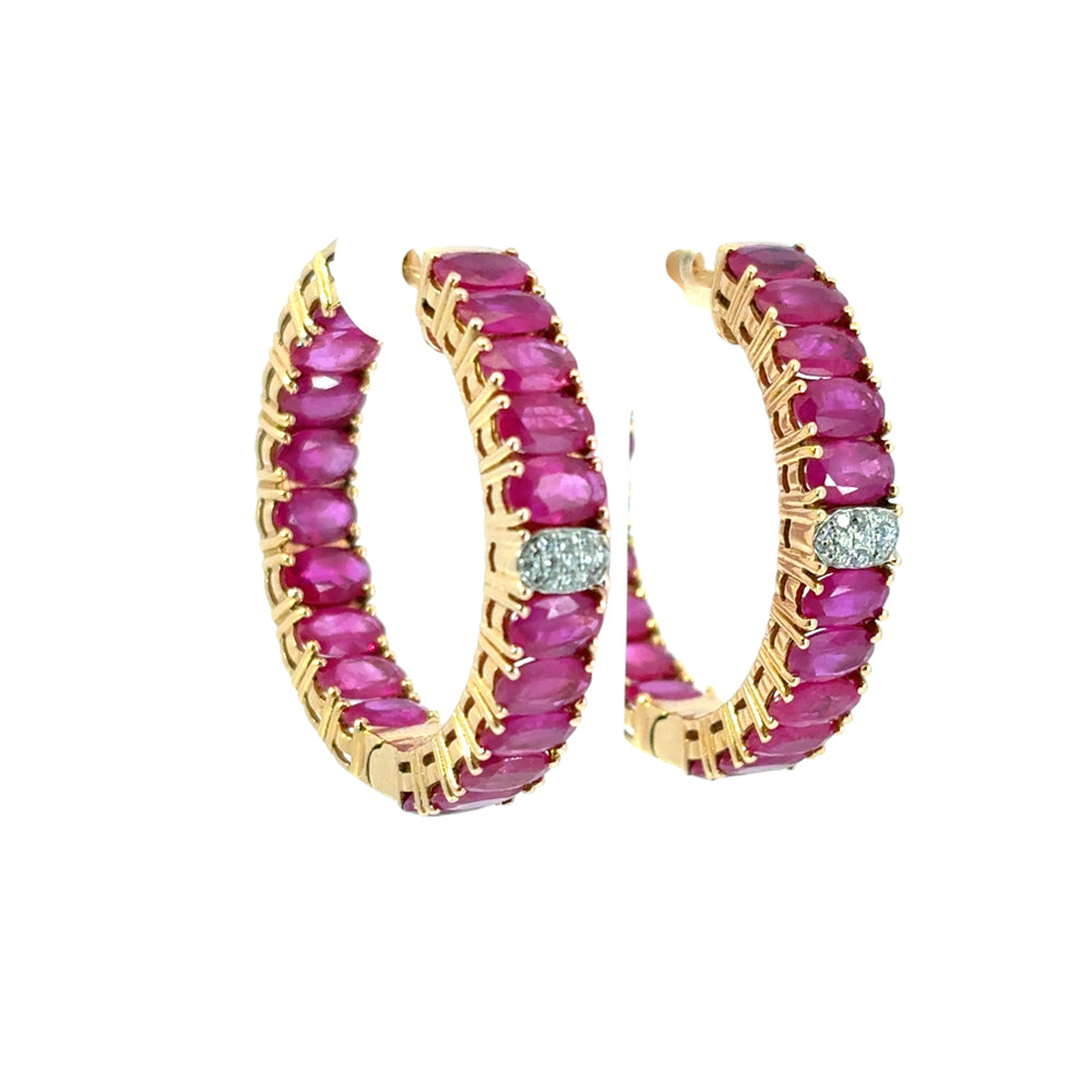 14k Yellow Gold approx. 10ctw Ruby and 0.11ctw Diamond Hoop Earrings