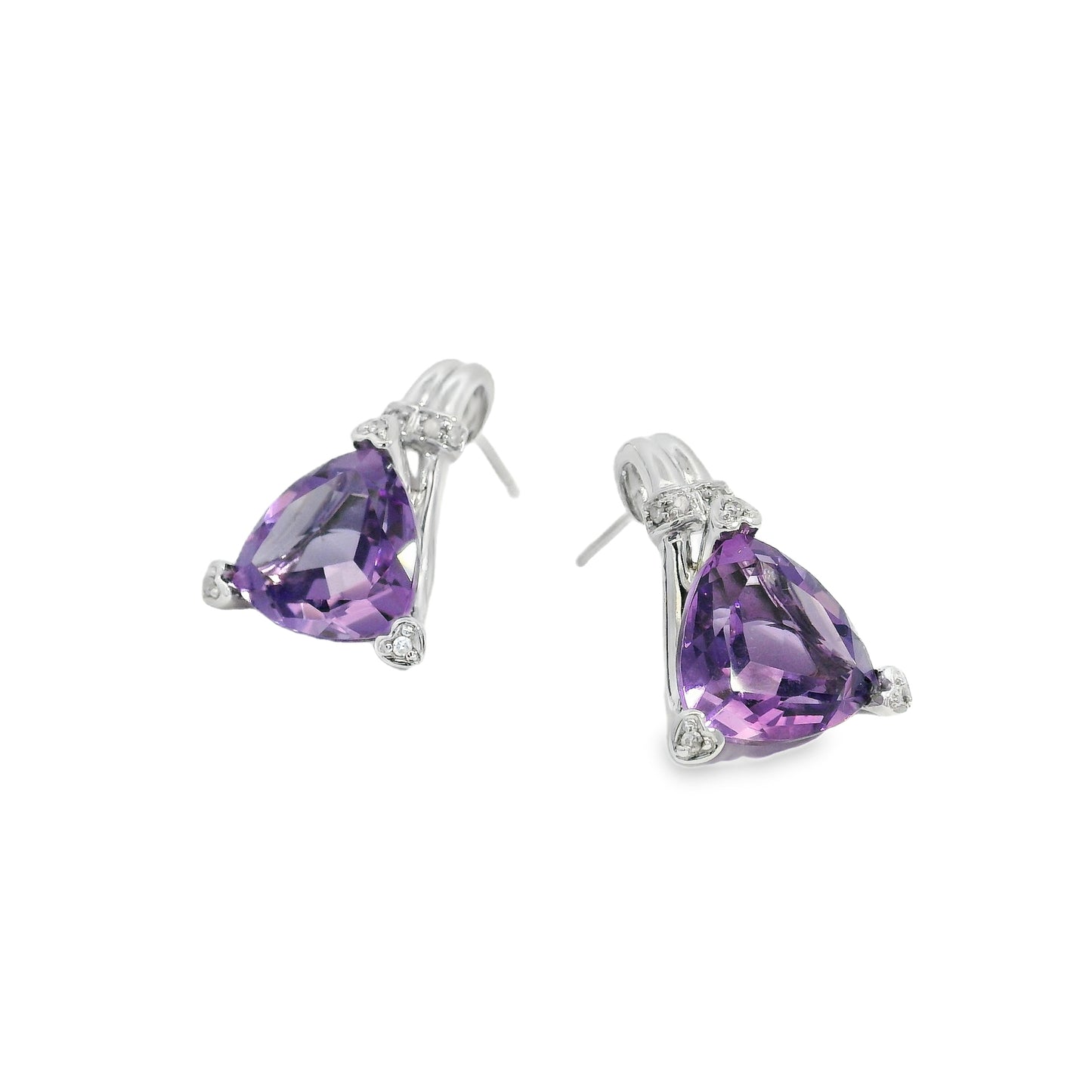 10k White Gold Trillion-Cut Amethyst Drop Set with 3 Heart Prongs Earrings