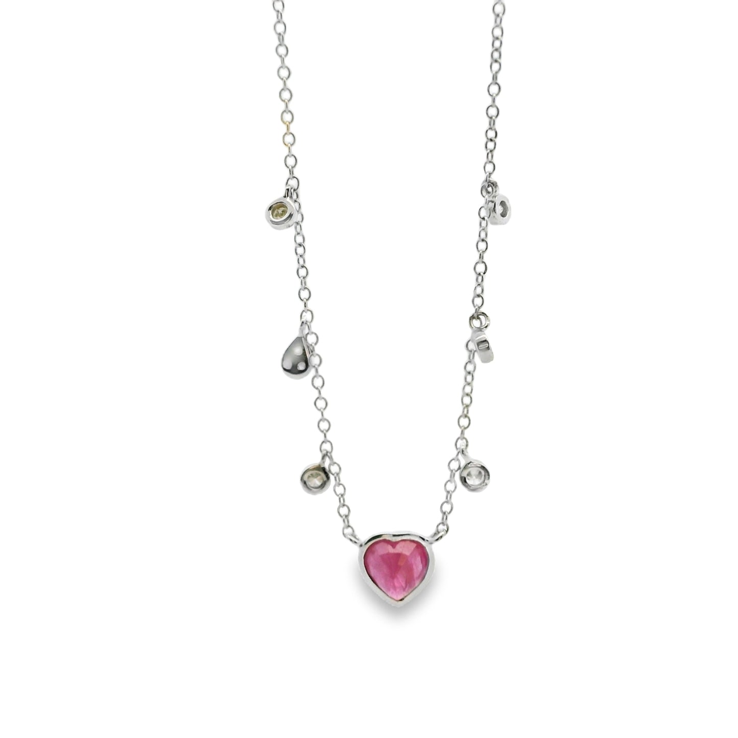 Meirat 14k White Gold With Ruby Heart Surrounded by Small Round Brilliant Diamonds Necklace