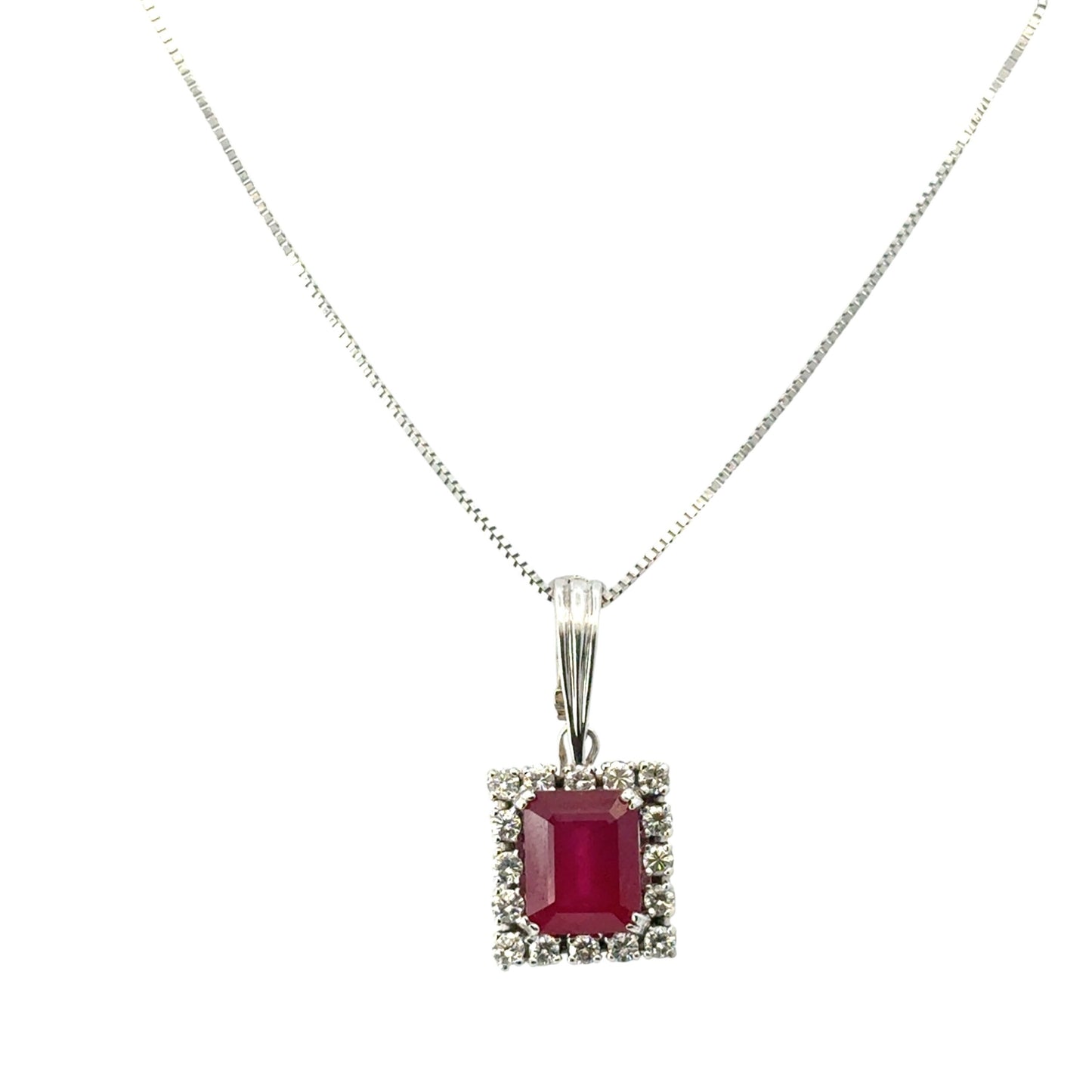 14k White Gold Glass Filled Ruby with Diamond Pendant on a 14k White Gold Classic Box Chain Necklace
