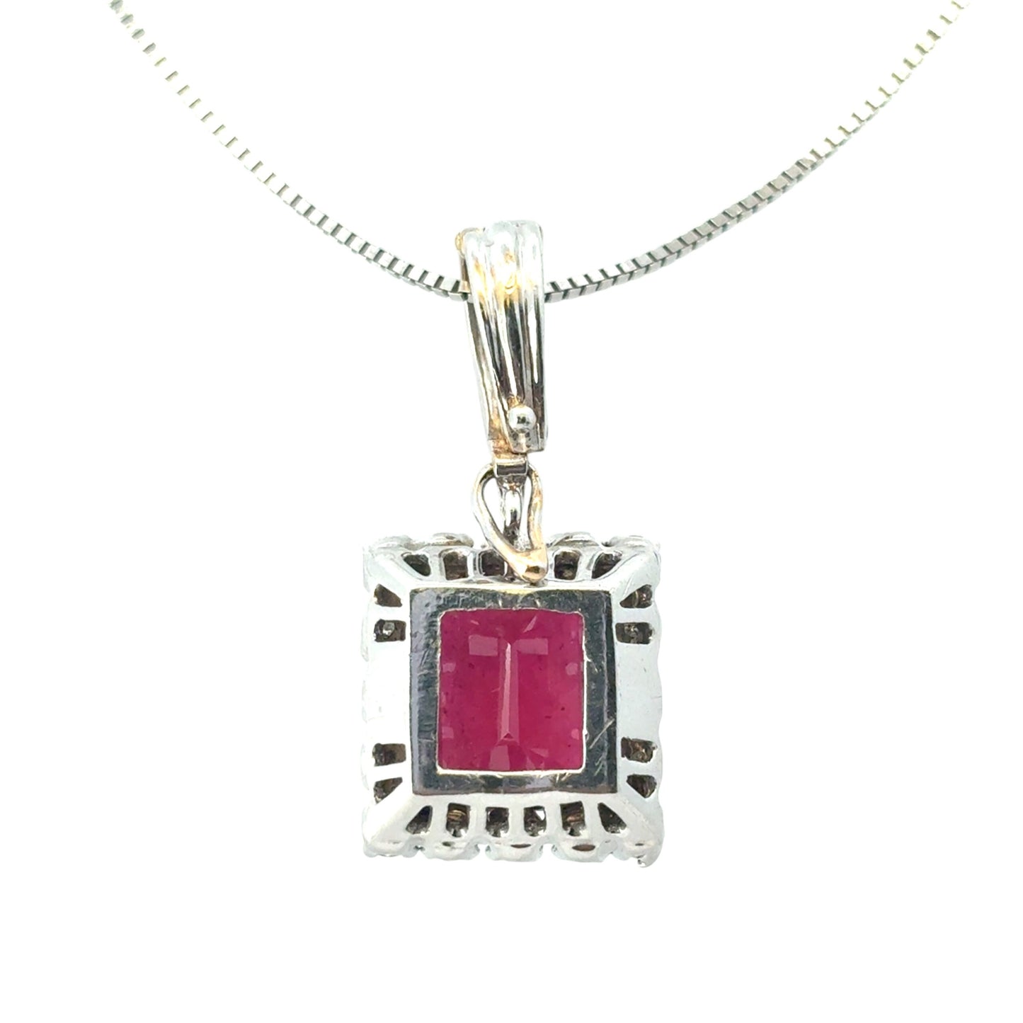 14k White Gold Glass Filled Ruby with Diamond Pendant on a 14k White Gold Classic Box Chain Necklace