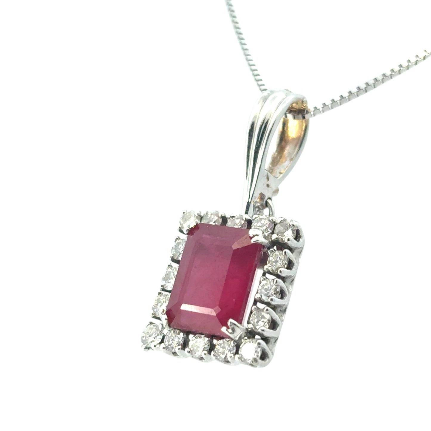 14k White Gold Glass Filled Ruby with Diamond Pendant on a 14k White Gold Classic Box Chain Necklace