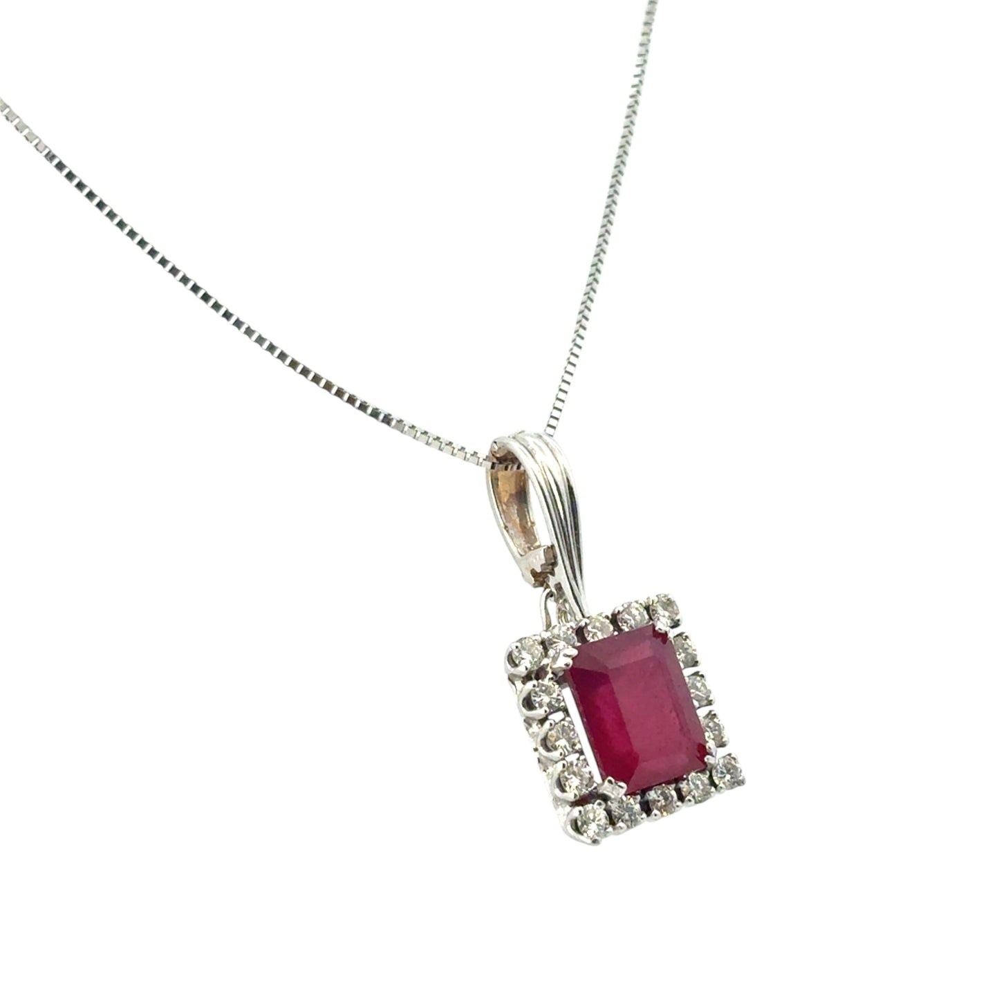 14k White Gold Glass Filled Ruby with Diamond Pendant on a 14k White Gold Classic Box Chain Necklace
