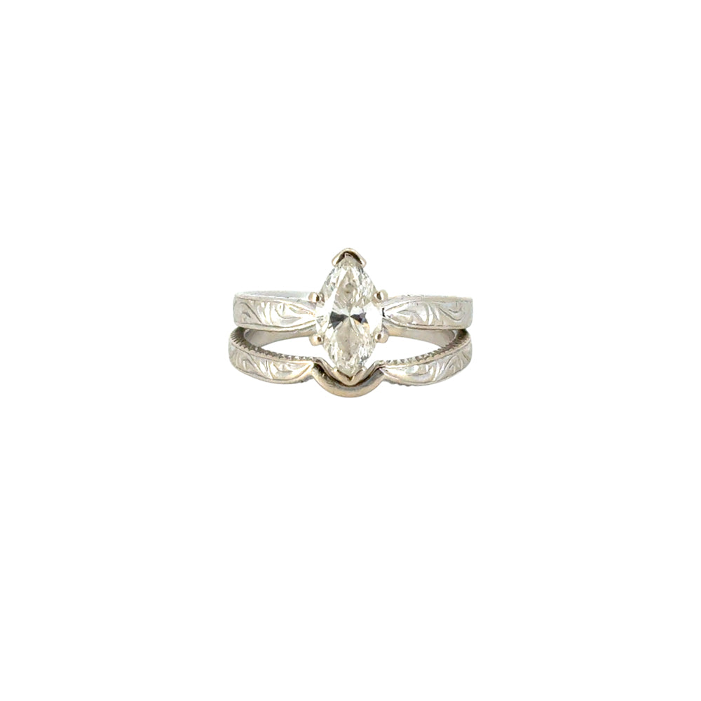 14k White Gold GIA Certified 1.01cw Marquise Cut Diamond Engagement Ring and Matching Wedding Band Set