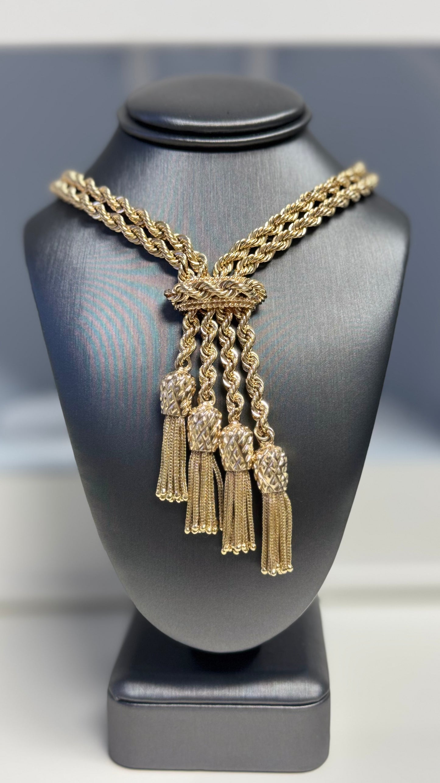 14k Yellow Gold Two Layered 2mm Rope Chain with Tassels Necklace