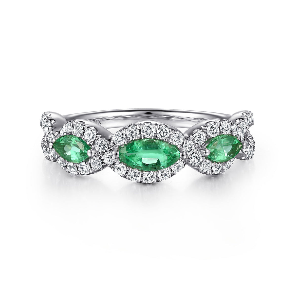 14K White Gold Twisted Diamond Rows and Emerald Marquise Stones Ring — Gabriel & Co. LR50257W45EA