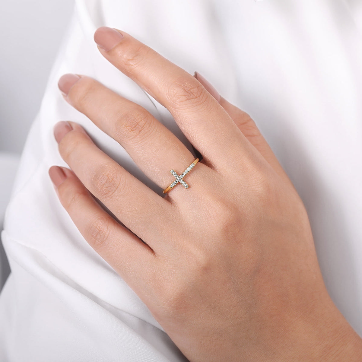 14K Yellow Gold Sideways Cross Diamond Ring — Gabriel & Co. LR51170Y45JJ