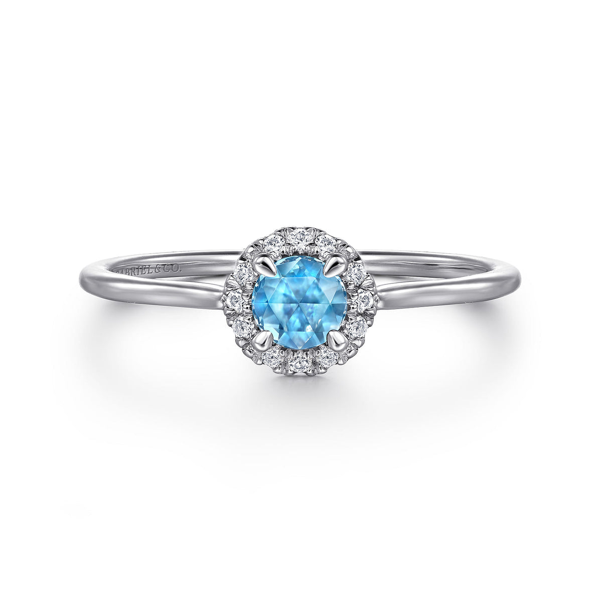 14K White Gold Blue Topaz and Diamond Halo Promise Ring — Gabriel & Co. LR51264W45BT