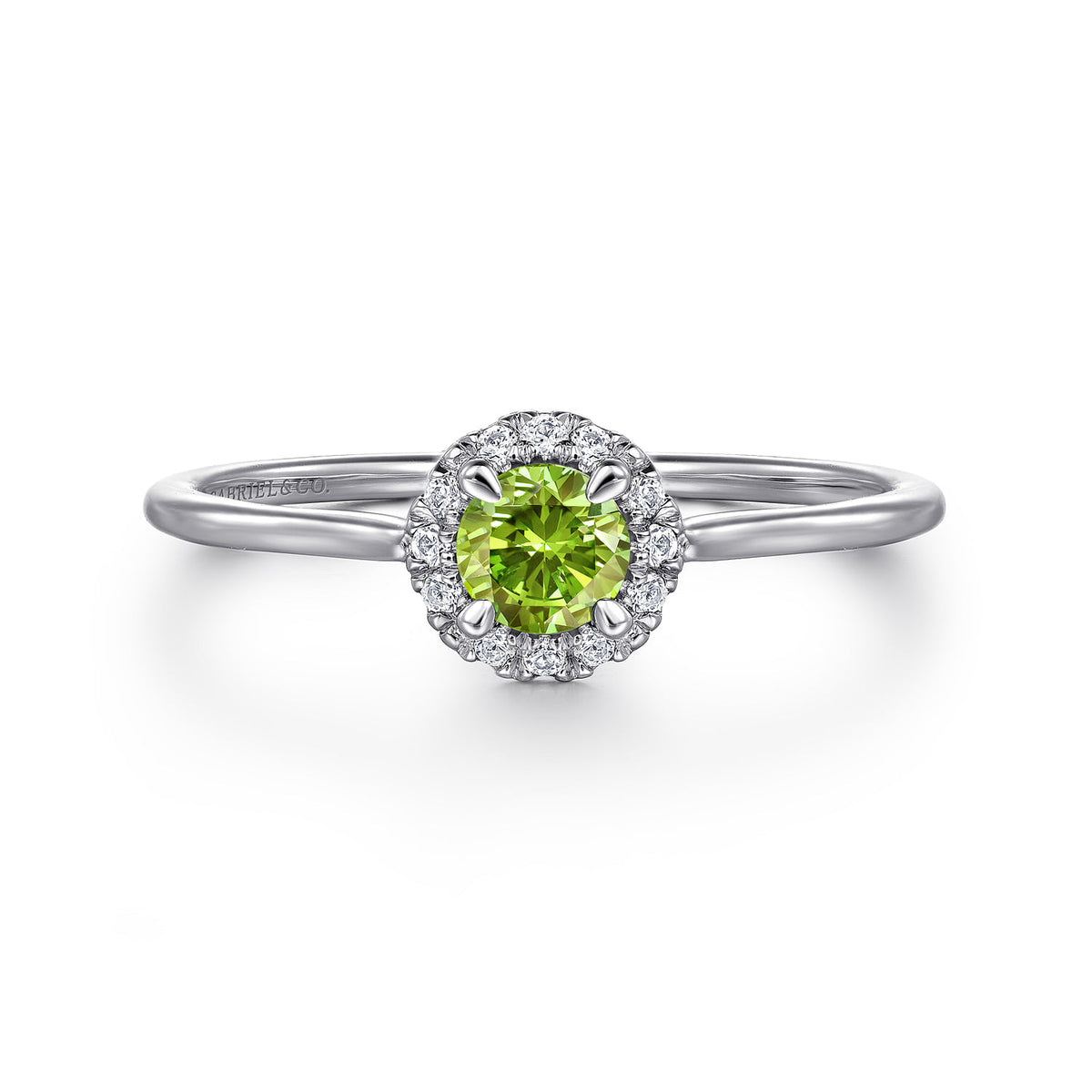 14K White Gold Peridot and Diamond Halo Promise Ring — Gabriel & Co. LR51264W45PE