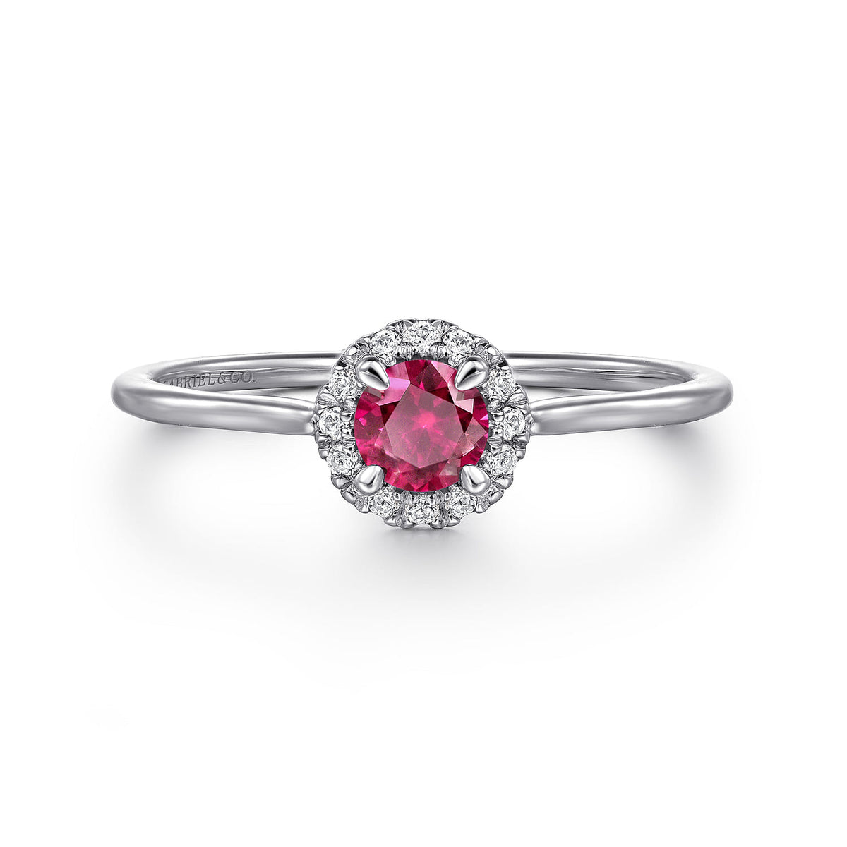 14K White Gold Ruby and Diamond Halo Promise Ring — Gabriel & Co. LR51264W45RA
