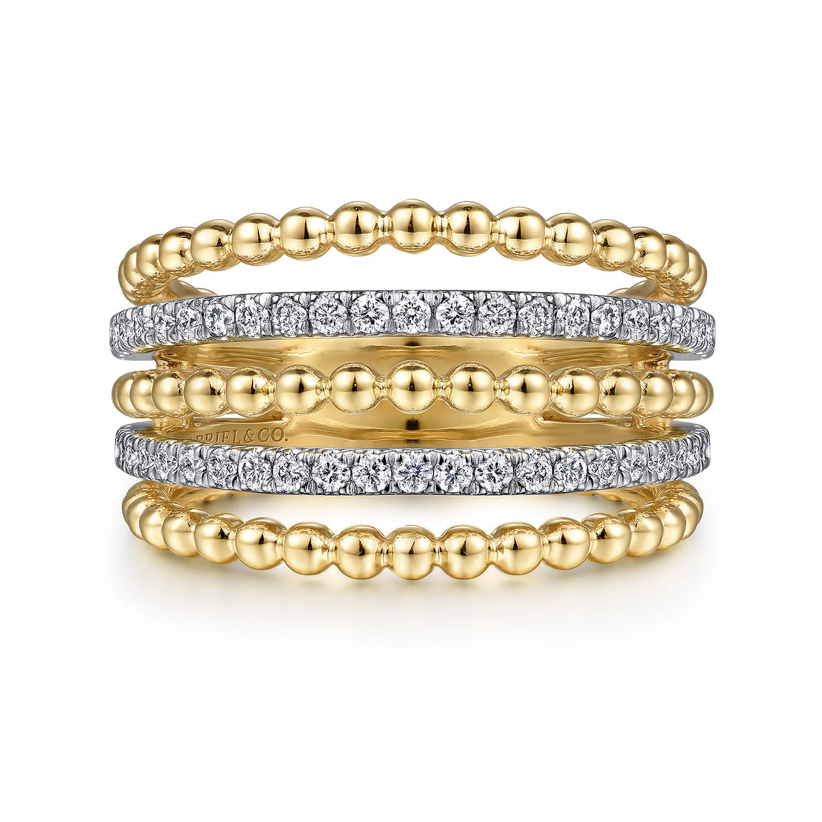 Beaded Wide Band Easy-Stack Ring 14K White and Yellow Gold Diamond 0.4ct Bujukan — Gabriel & Co. LR51667M45JJ