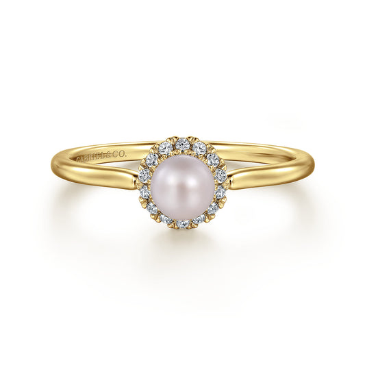 14K Yellow Gold Pearl Promise Ring with Diamond Halo — Gabriel & Co. LR52419Y45PL