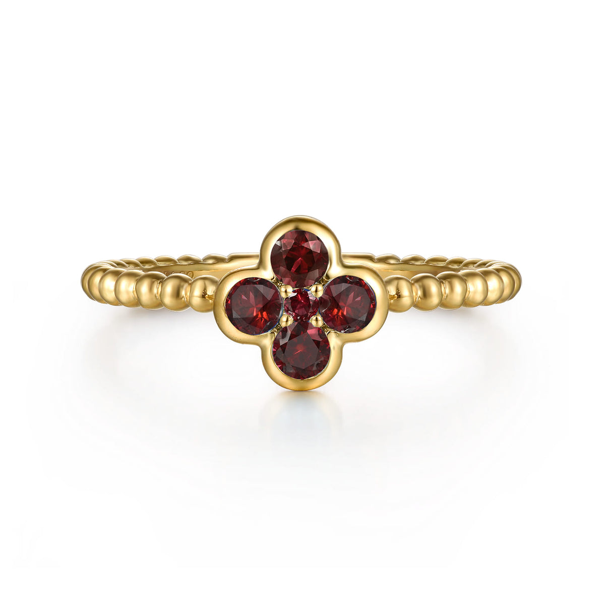 14K Yellow Gold Garnet Cluster Clover and Bujukan Bead Stackable Ring — Gabriel & Co. LR52876Y4JGN