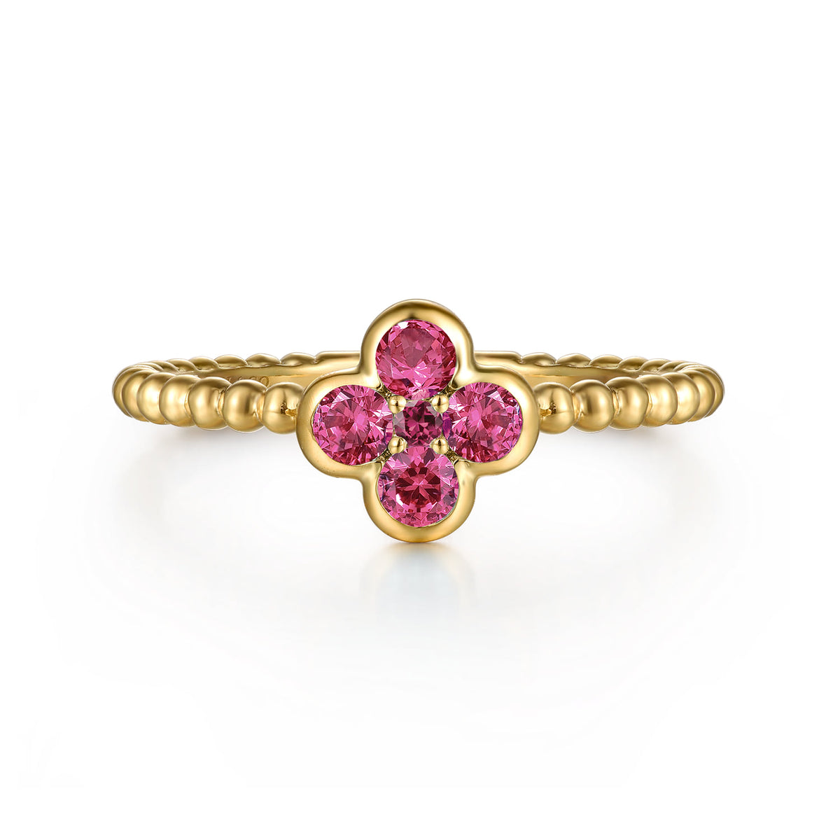 14K Yellow Gold Pink Tourmaline Cluster Clover and Bujukan Bead Stackable Ring — Gabriel & Co. LR52876Y4JPT