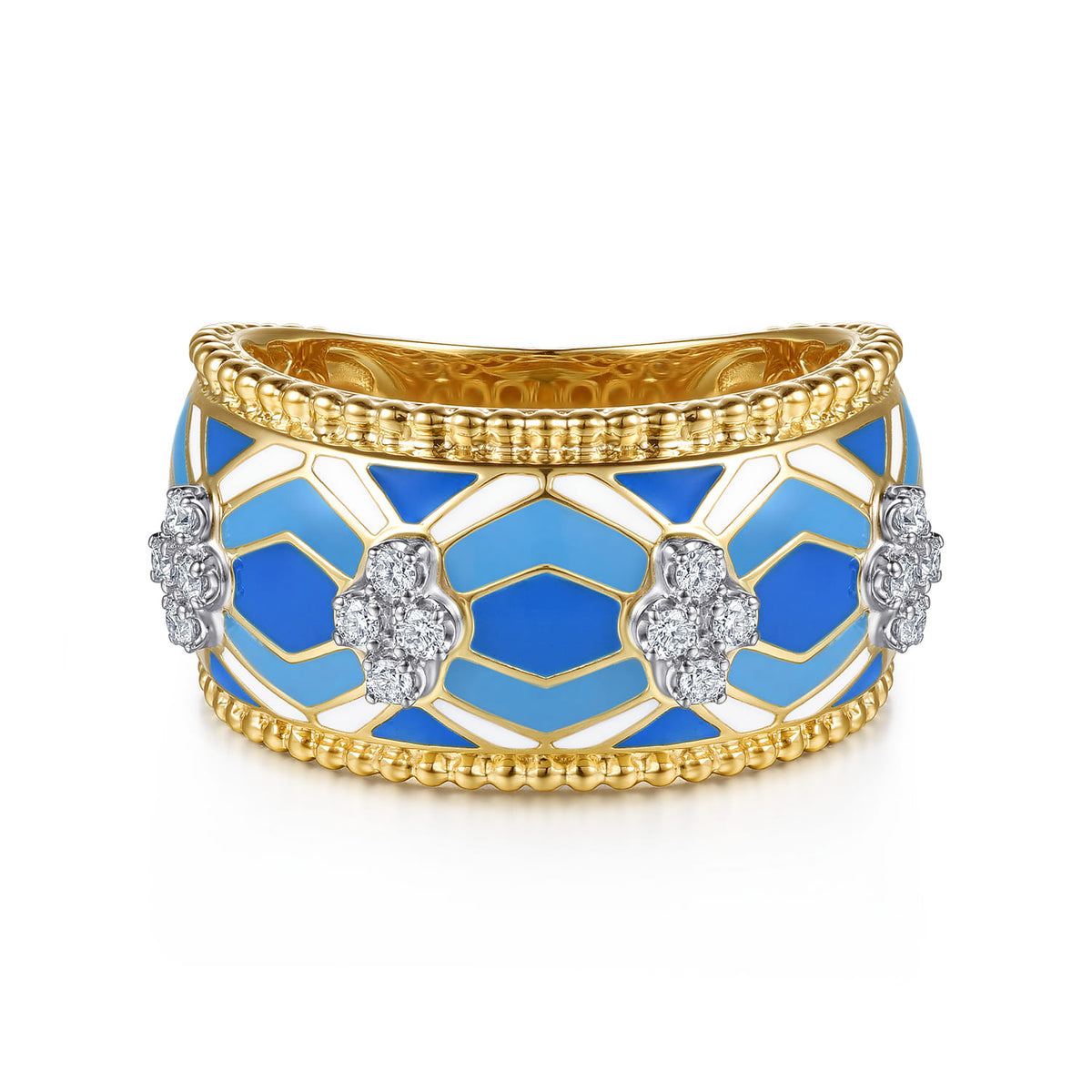 14K White and Yellow Gold Bujukan Diamond Wide Band with Blue and Dust Blue and White Enamel — Gabriel & Co. LR53072EMM45JJ